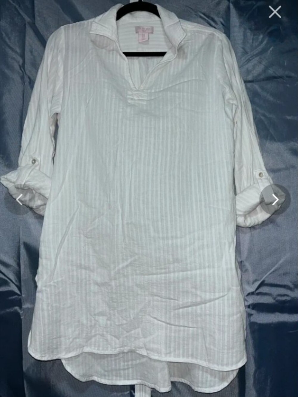 St. Tropez West Sz M White Gauzy Cotton V-Neck Roll-Tab Sleeve Tunic/ Cover Up
